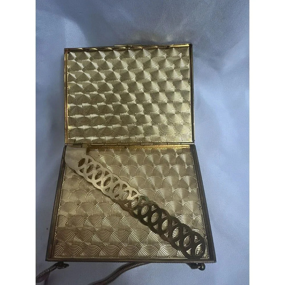1950’s Double Sided Evan’s Metal Cosmetic Compact Gold tone Clutch With Handle - Picture 13 of 15